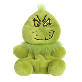 Compact Grinch Smirk plush with vibrant green fur, designed to fit snugly in your palm.